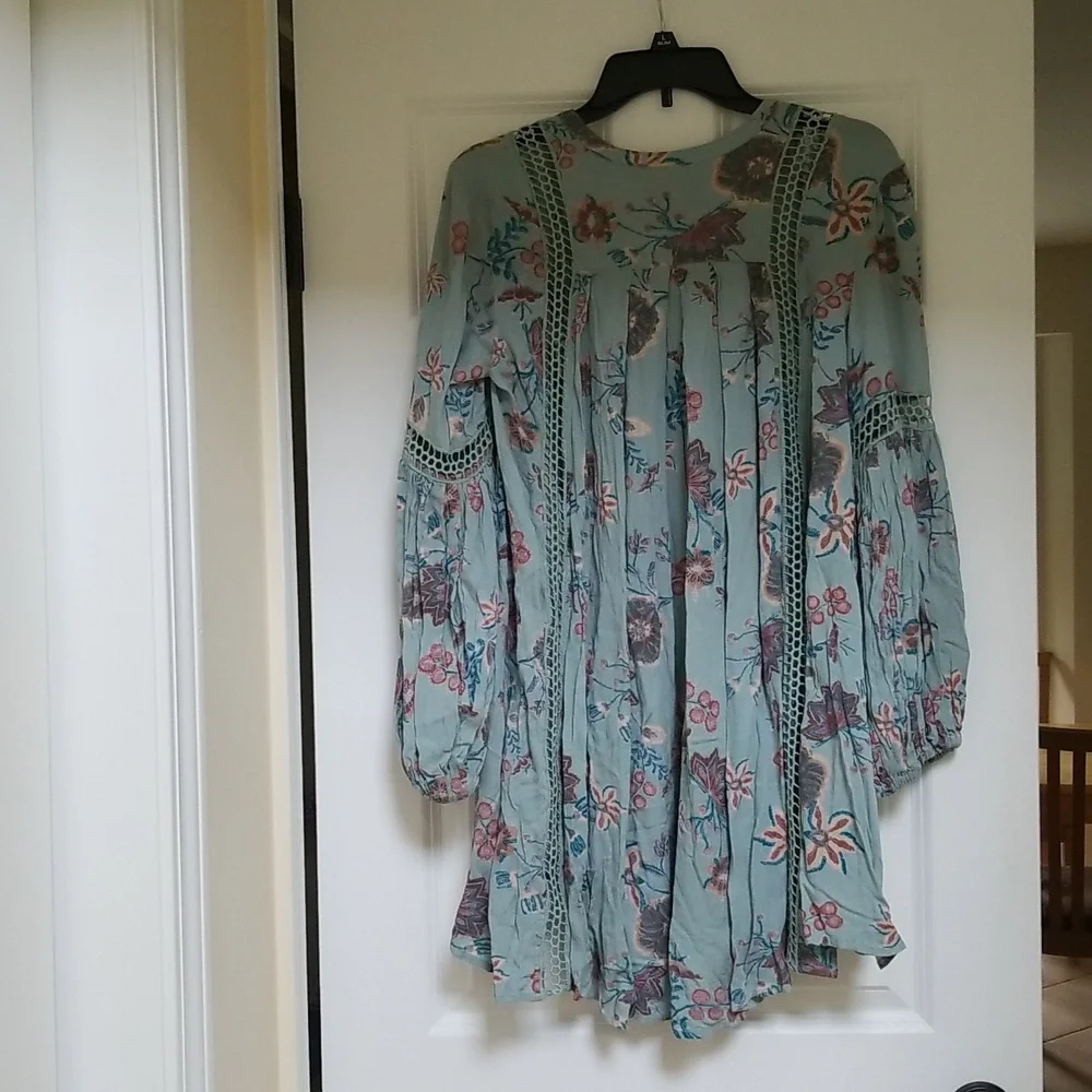 Free People Just The Two Of Us Printed Floral Lace Inset Tunic Dress, S